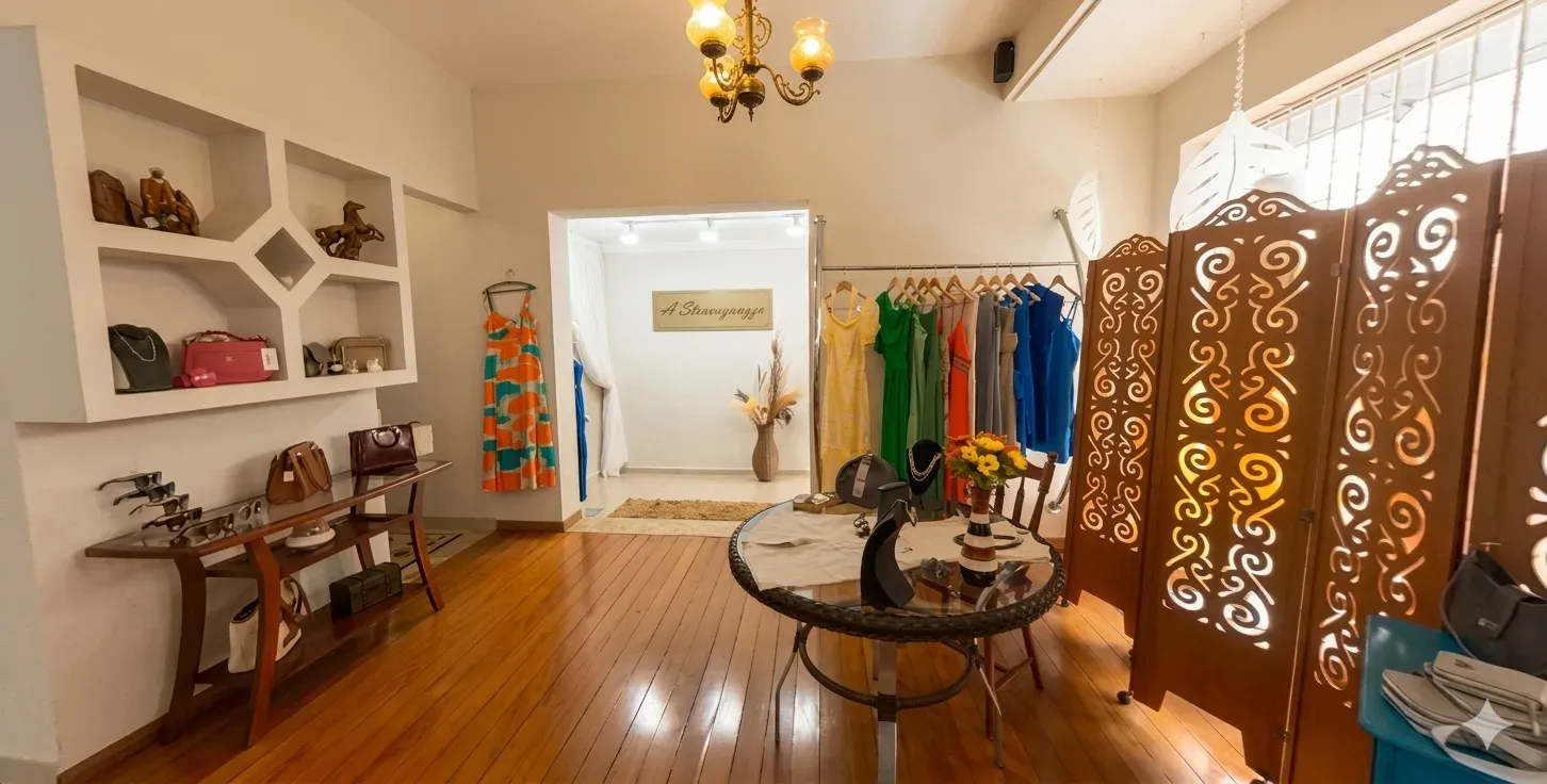 Interior da boutique Stravaganzza Moda Feminina, em São Carlos — araras com vestidos, mesa central e piso de madeira