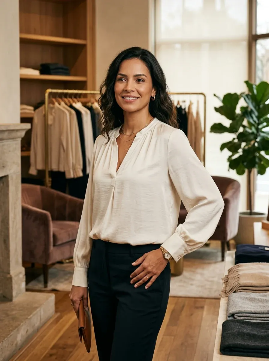 Blusa feminina de seda creme com calça de alfaiataria em boutique de moda feminina em São Carlos