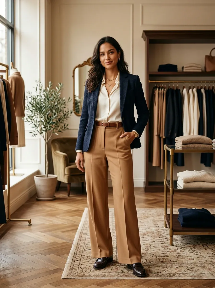 Calça feminina de alfaiataria camel com blazer azul-marinho em boutique de moda feminina em São Carlos