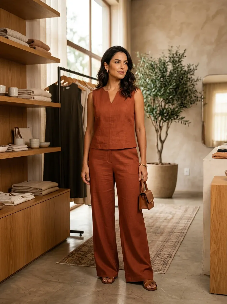 Conjunto feminino elegante de linho na cor ferrugem em boutique de moda feminina em São Carlos